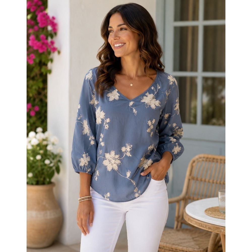 Aina Be Embroidered Boho Top 100% Cotton 3/4 Sleeve Slate Blue Women's Small EUC